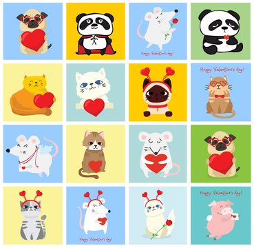 Vector illustration card with cute cartoon little Valentine cats, dogs, rats in love and funny greeting text Happy Valentine's Day