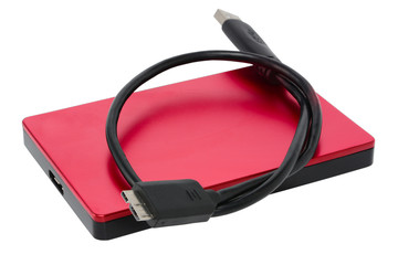 Red external hard drive disc with usb 3.0 cable. Best way of data storage on portable hdd. Close-up isolated on white surface.