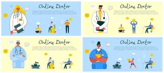 Medical company service concept Online Doctor. Medical modern flat vector concept digital illustration of doctor with headset talking on the phone for a medical consultation.