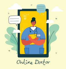 Medical company service concept. Medical modern flat vector concept digital illustration of female doctor with headset talking on the phone for a medical consultation.
