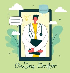 Medical company service concept. Medical modern flat vector concept digital illustration of female doctor with headset talking on the phone for a medical consultation.