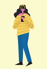 People and gadgets. Women holding smartphone and texting in flat style