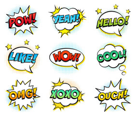 Retro comic speech bubbles set on white background. Expression text POW, YEAH, WOW, HELLO, YEAH, OMG, LIKE, COOL, OUCH. Vector illustration, pop art style.