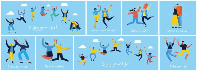 Concept of young people jumping on blue background. Stylish modern vector illustration card with happy female and male teenagers and hand drawing quote Enjoy your life
