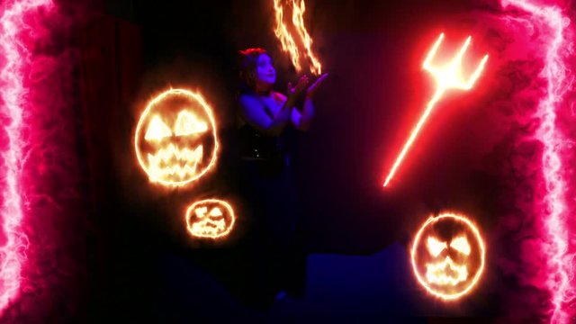 Woman devil dancing with fiery streams on her hands, surrounded by fiery faces on a black background
