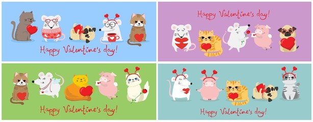 Vector illustration card with cute cartoon little Valentine cats, dogs, rats in love and funny greeting text Happy Valentine's Day
