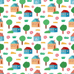 Cute colorful seamless pattern with hand drawn houses, trees, plants. Village background. Vector illustration