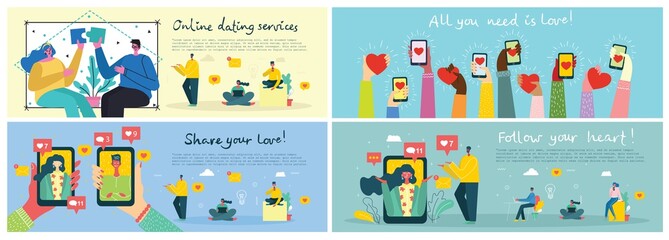 Vector illustration concept flat design of online dating services background in the flat design