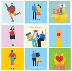 Share your Love. Hands and people with hearts as love massages. Vector illustration for Valentine's day in the modern flat style