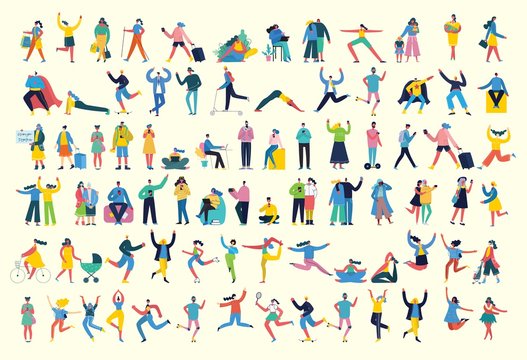 Bundle of cartoon men and women performing outdoor activities on city street. Flat colorful vector illustration people walking,standing, talking, running, jumping, sitting, dancing and doctors