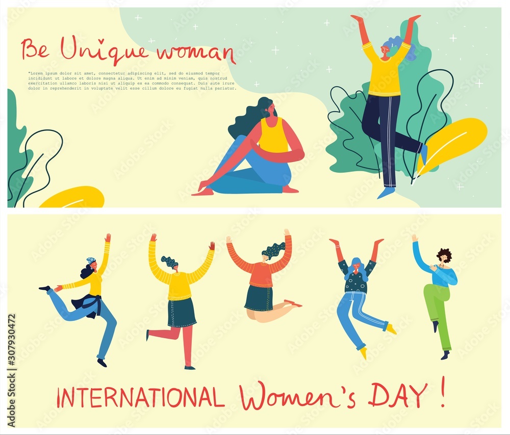 Wall mural Concept of women unique background. Stylish modern vector illustration card with happy female woman and hand drawing quote Be unique