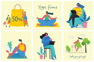 Colorful vector set of different activities of women for Happy Women's internarional day cards, posters and banners . Group of happy female friends, mothers in flat design