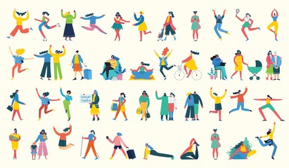 Colorful vector illustration concept set of different activities of women for Happy Women's internarional day cards, posters and banners . Group of happy female friends, mothers in flat design - obrazy, fototapety, plakaty