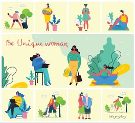 Naklejka premium Concept of women unique background. Stylish modern vector illustration card with happy female woman and hand drawing quote Be unique