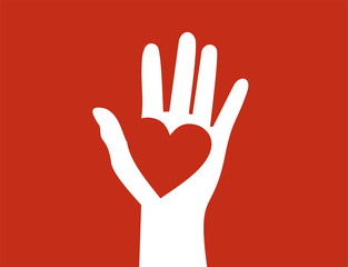 Raised hand with heart on its palm. Help, charity and love concept. Flat design