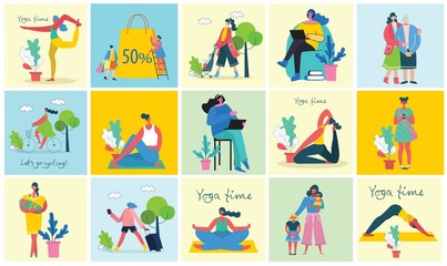 Fototapeta premium Colorful vector set of different activities of women for Happy Women's internarional day cards, posters and banners . Group of happy female friends, mothers in flat design