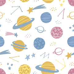 Space hand drawn seamless pattern with planets, stars, comets,  constellations. Scandinavian design style. Space background for textile, fabric etc. Vector illustration
