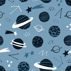 Gordijnen Ruimte hand getekende naadloze patroon met planeten, sterren, kometen, sterrenbeelden. Scandinavische designstijl. Ruimteachtergrond voor textiel, stof enz. Vectorillustratie © mejorana777