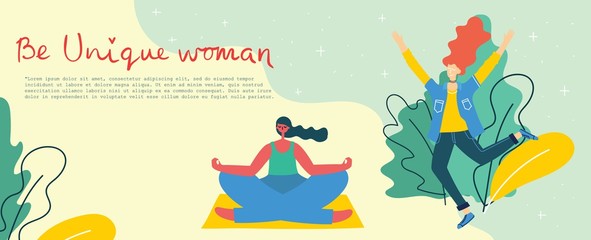 Concept of women unique background. Stylish modern vector illustration card with happy female woman and hand drawing quote Be unique