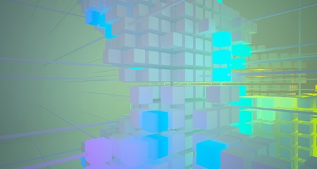 Abstract architectural white interior from array cubes with color gradient neon lighting. 3D illustration and rendering.