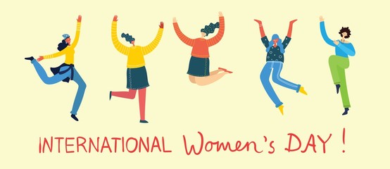 Colorful vector illustration concept of Happy Women's internarional day . Group of jumping happy female friends, union of feminists, sisterhood in flat design