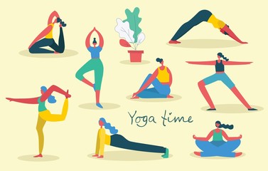 Vector illustration concept flat design of women doing yoga background