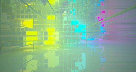 Abstract architectural white interior from array cubes with color gradient neon lighting. 3D illustration and rendering.