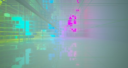 Abstract architectural white interior from array cubes with color gradient neon lighting. 3D illustration and rendering.