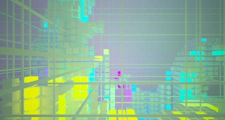 Abstract architectural white interior from array cubes with color gradient neon lighting. 3D illustration and rendering.