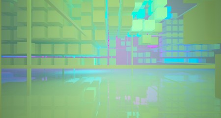 Abstract architectural white interior from array cubes with color gradient neon lighting. 3D illustration and rendering.