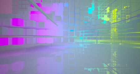 Abstract architectural white interior from array cubes with color gradient neon lighting. 3D illustration and rendering.