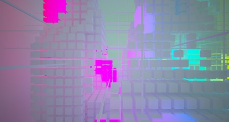 Abstract architectural white interior from array cubes with color gradient neon lighting. 3D illustration and rendering.