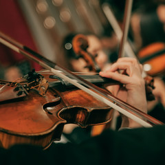 Symphony orchestra on stage, hands playing violin