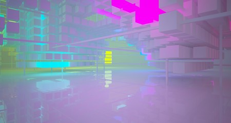 Abstract architectural white interior from array cubes with color gradient neon lighting. 3D illustration and rendering.