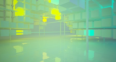 Abstract architectural white interior from array cubes with color gradient neon lighting. 3D illustration and rendering.