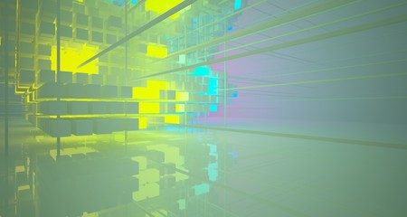 Abstract architectural white interior from array cubes with color gradient neon lighting. 3D illustration and rendering.