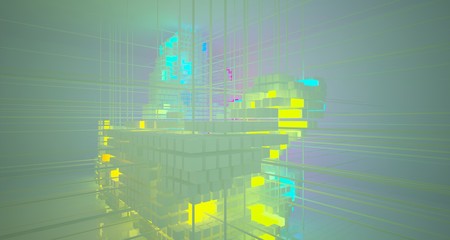 Abstract architectural white interior from array cubes with color gradient neon lighting. 3D illustration and rendering.
