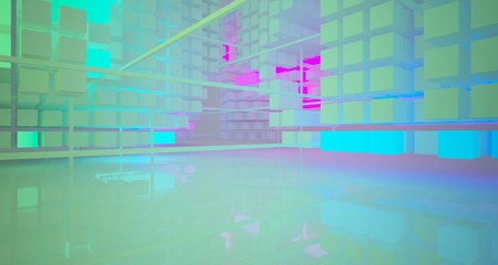Fototapeta na wymiar Abstract architectural white interior from array cubes with color gradient neon lighting. 3D illustration and rendering.