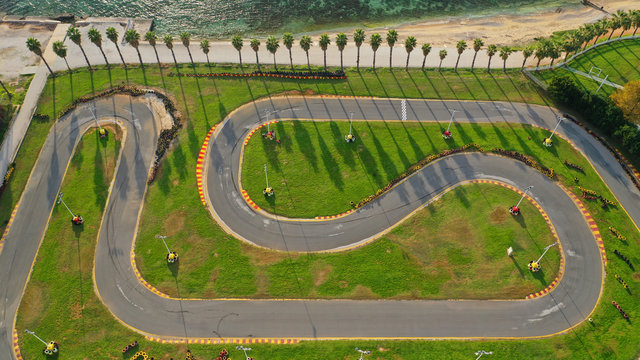 Aerial drone photo of seaside go kart race track in exotic destination