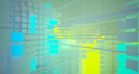 Abstract architectural white interior from array cubes with color gradient neon lighting. 3D illustration and rendering.