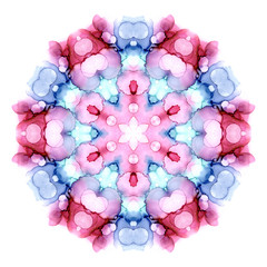 Colorful watercolor flower mandala isolated on white background. Kaleidoscope effect.