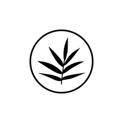 A branch with bamboo leaves black and white illustration in a circle. Sketch. Tropical plant of Asian countries, China, Japan, Korea. Icon vector