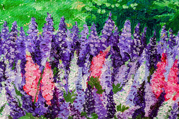 Close up details of an oil painting featuring lupin flowers.