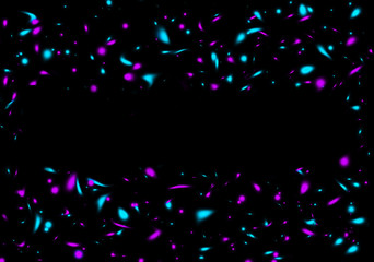 Neon cyan and purple splashes on black background. Template with a place for your text. Abstract texture for web-design, digital printing or concept design.