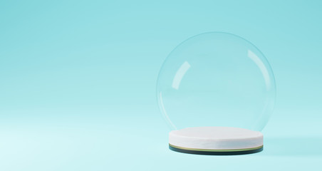 3D rendering of Christmas, Glass ball on white pedestal on blue background.Abstract minimal concept, luxury minimalist mockup