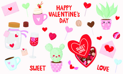 Vector graphics. Adorable, cute set for Valentine's Day. Big romantic, lovely set. Funny characters. Flat cartoon illustration. Handwritten text. 