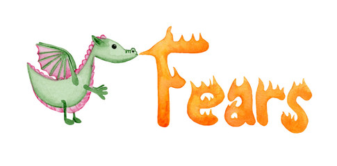 Watercolor cute green dragon giving fire in the form of the word "fear" on a white background