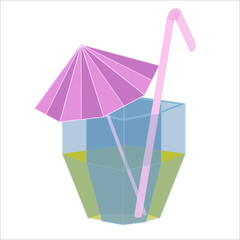 Glass for drinks with an umbrella and cocktail straw. Graphic element. Vector, isolated.
