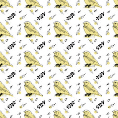 Floral seamless pattern with birds. Cartoon vector background. Birds on a tree branches seamless pattern. Vector illustration