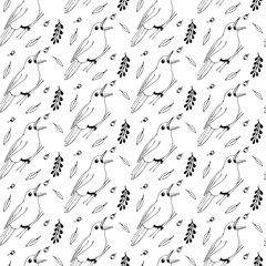 Obraz na płótnie Canvas Floral seamless pattern with birds. Cartoon vector background. Monochrome illustration. Birds on a tree branches seamless pattern over white. Vector illustration